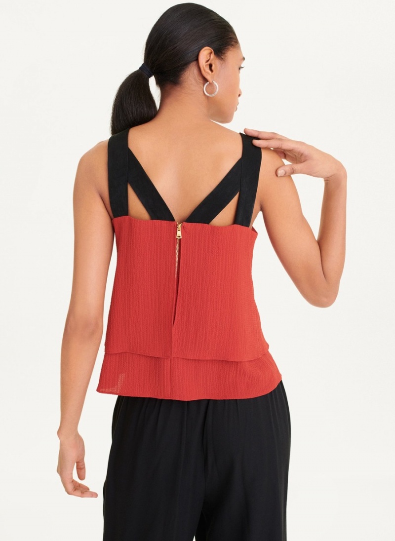 Red Dkny Sleeveless Contrast Strap Crepe Women's Blouse | P4176114