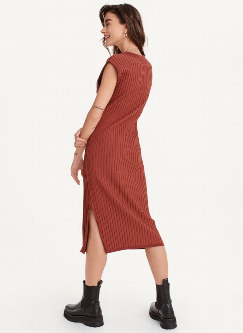 Red Dkny V-Neck Wide Rib Sweater Women's Dress | X8610948