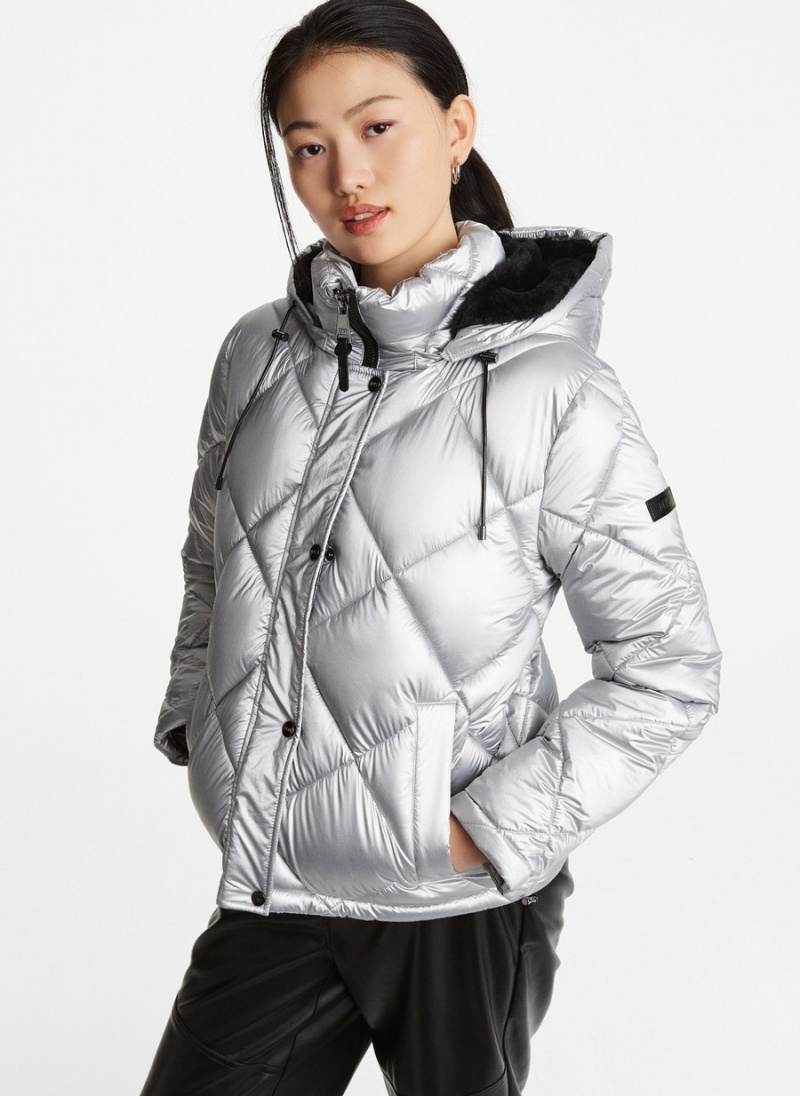 Silver Dkny Diamond Quilted Short Women\'s Puffer Jacket | I3463833