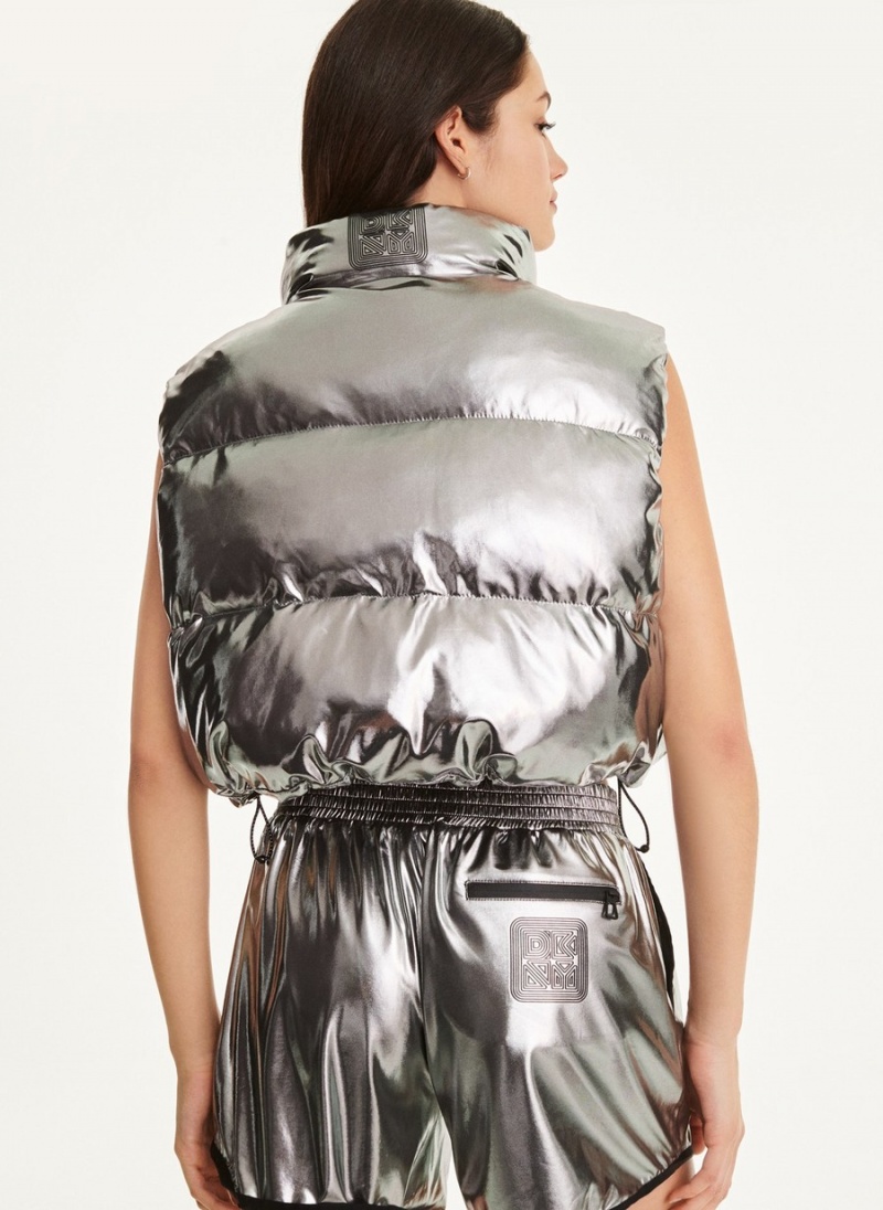 Silver Dkny Knit Silver Foil Puffer Women's Vest | M5132934