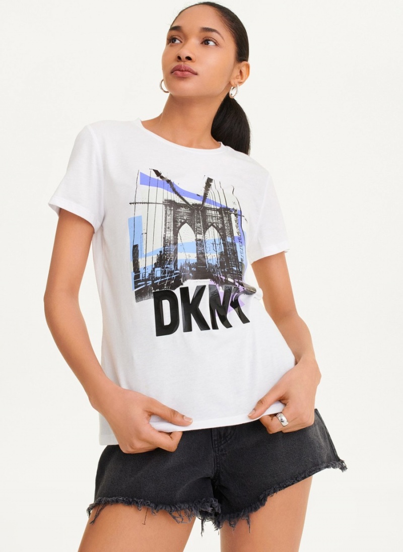 White Dkny Brooklyn Bridge Logo Women's T Shirts | H0644929