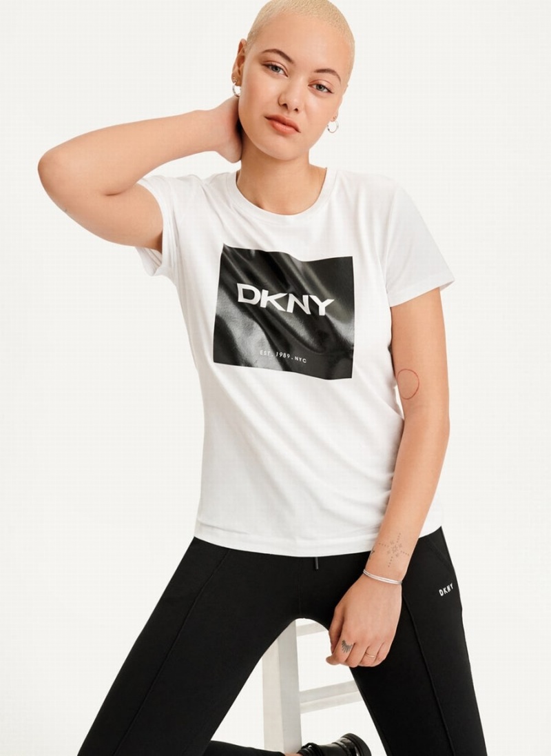 White Dkny Coated Box Logo Women's T Shirts | Z0438676