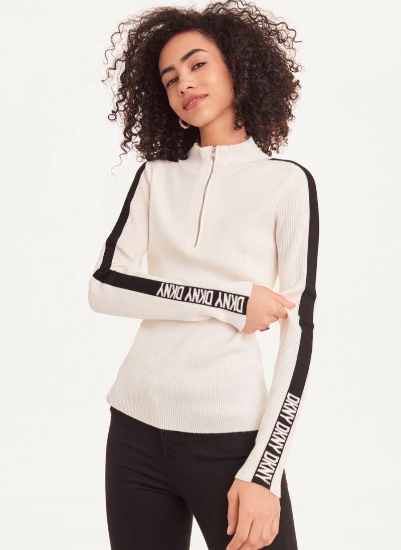 White Dkny Long Sleeve Half Zip Logo Tape Women's Sweaters | Q7213165