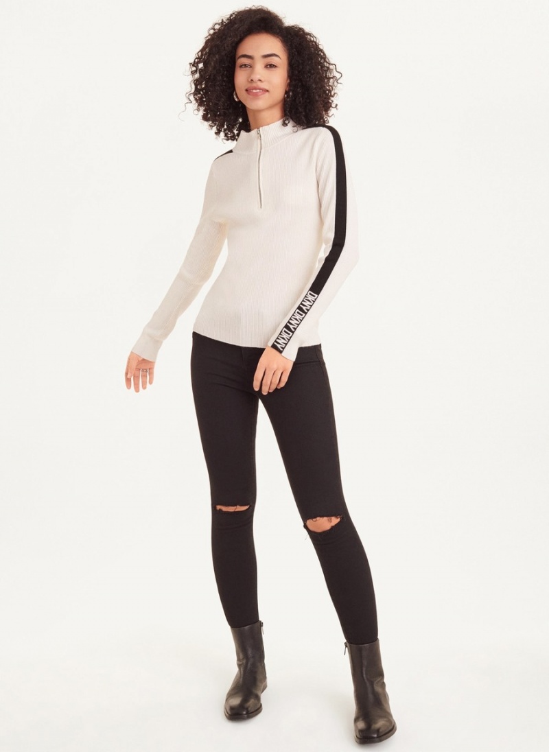 White Dkny Long Sleeve Half Zip Logo Tape Women\'s Sweaters | Q7213165