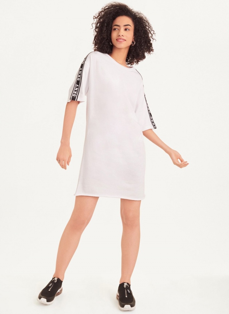 White Dkny Short Sleeve Cotton French Terry with Logo Tape Women's Dress | X7352960