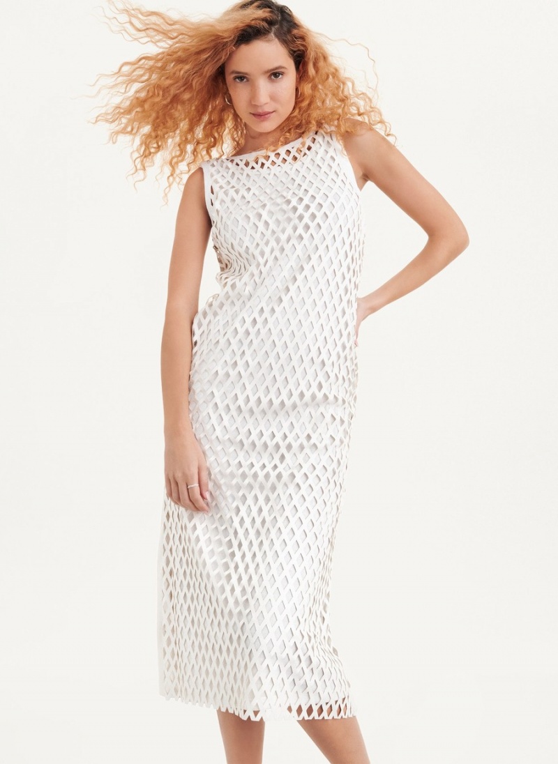 White Dkny Sleeveless Perforated A-Line Women's Dress | I1655221