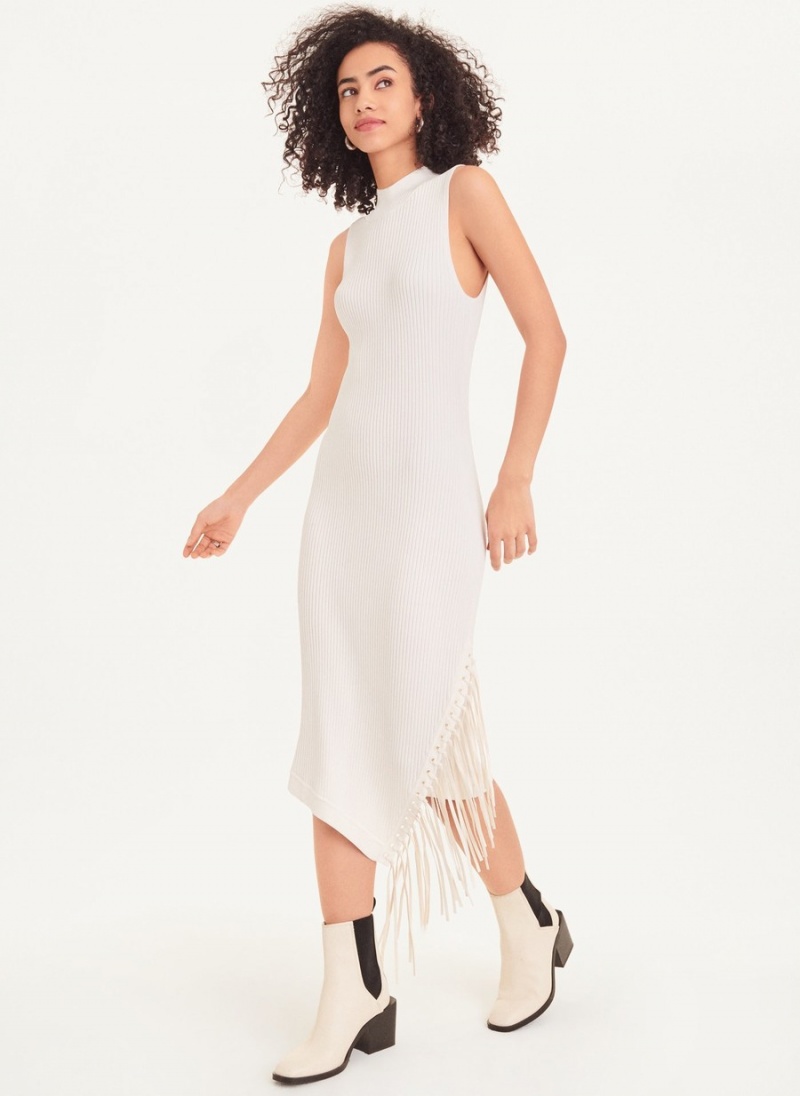 White Dkny Sleeveless Rib Asymmetrical Fringe Women's Dress | C3972522