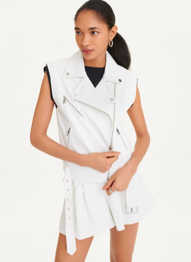 White Dkny Sleeveless Vegan Leather Moto Women's Vest | C2333130