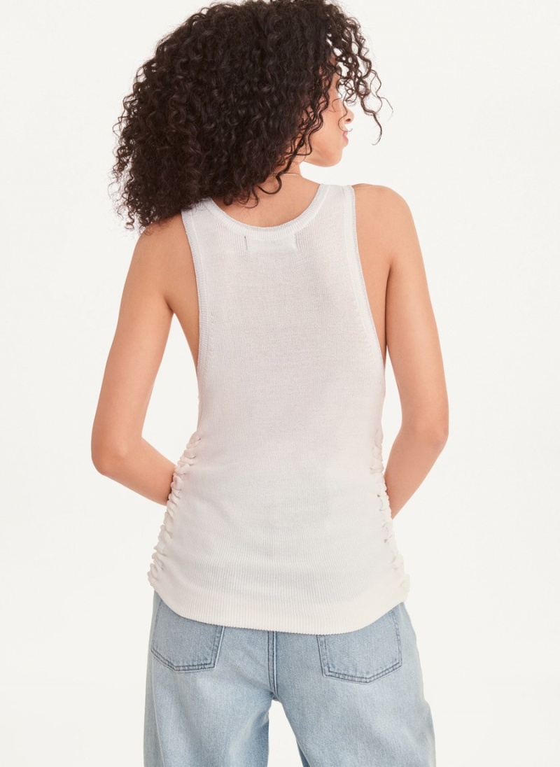 White Dkny Sleevless Lurex Trim Ruched Sweater Women's Tank Top | J8276635