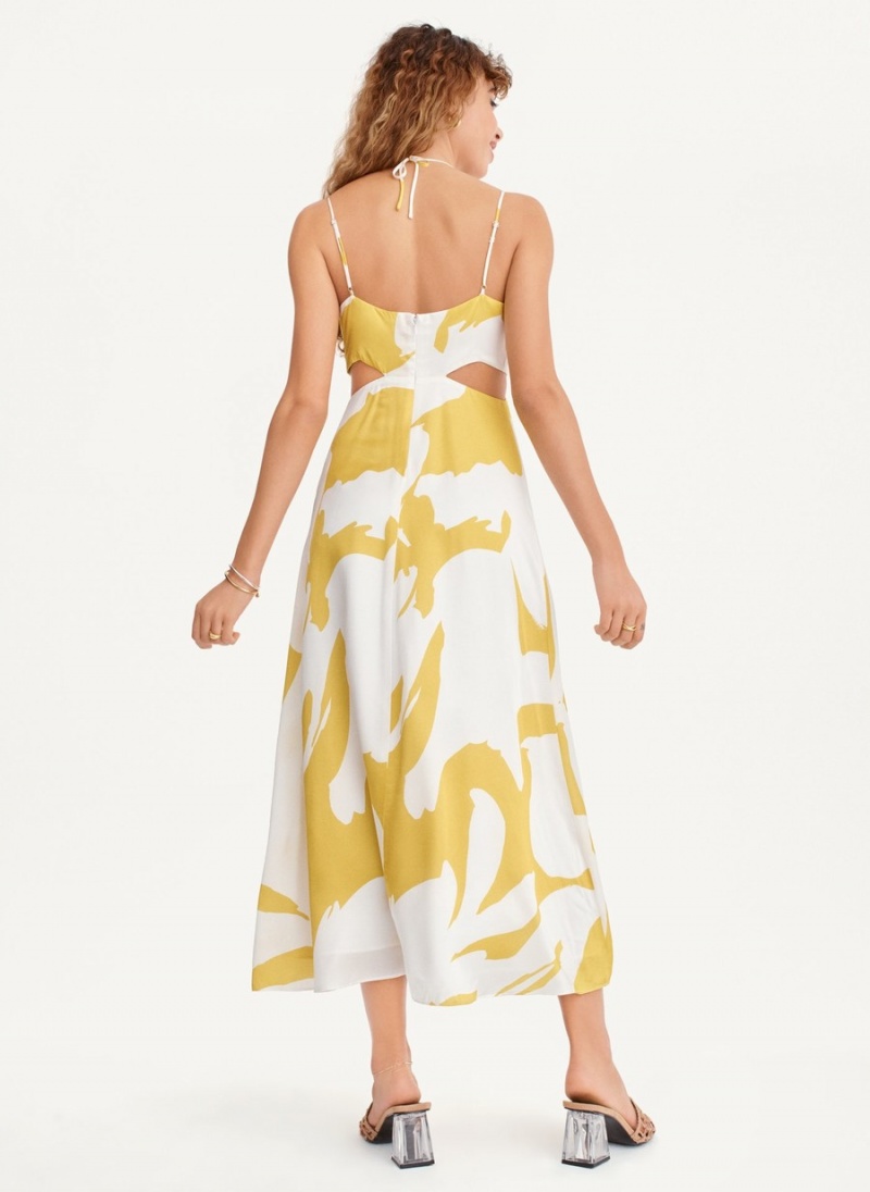 Yellow Dkny Printed Cut Out Halter Women's Dress | J1773871